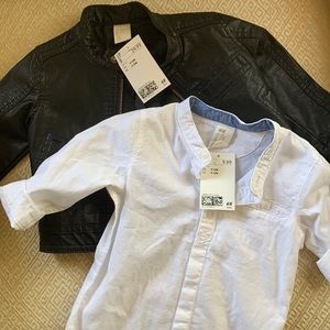 H&M 9-12m black leather jacket with white button down shirt. Never worn tags on